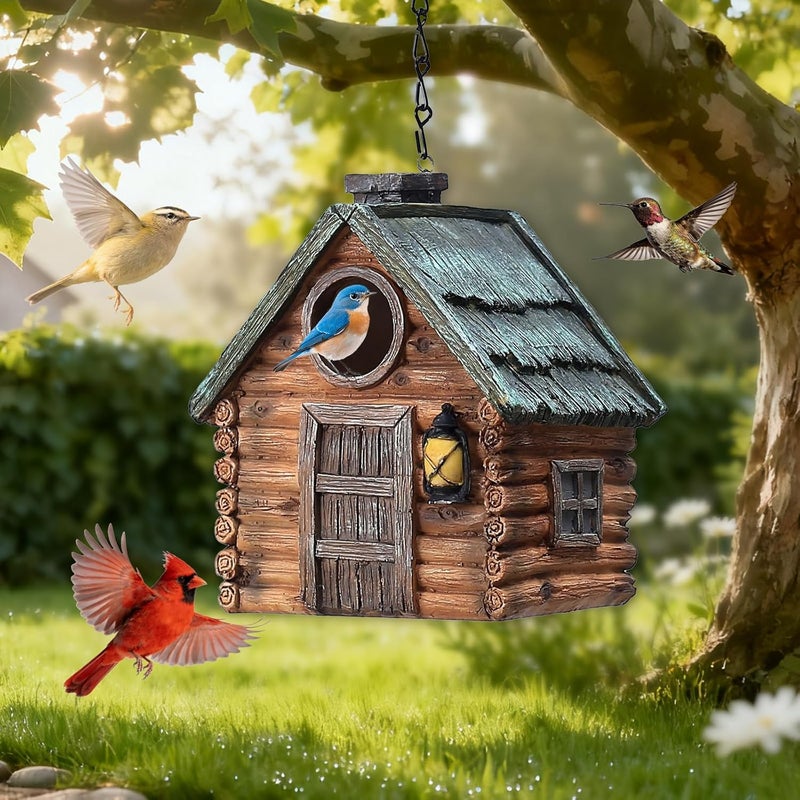 MINWOLF Bird Houses for Outside Real Wood-Look Resin Bird House with Hanging Chain – Waterproof & Durable Forest Birdhouses for Outdoors for Bluebird Finches Cardinals Bird Nesting Garden, Patio, Yard - Image 1
